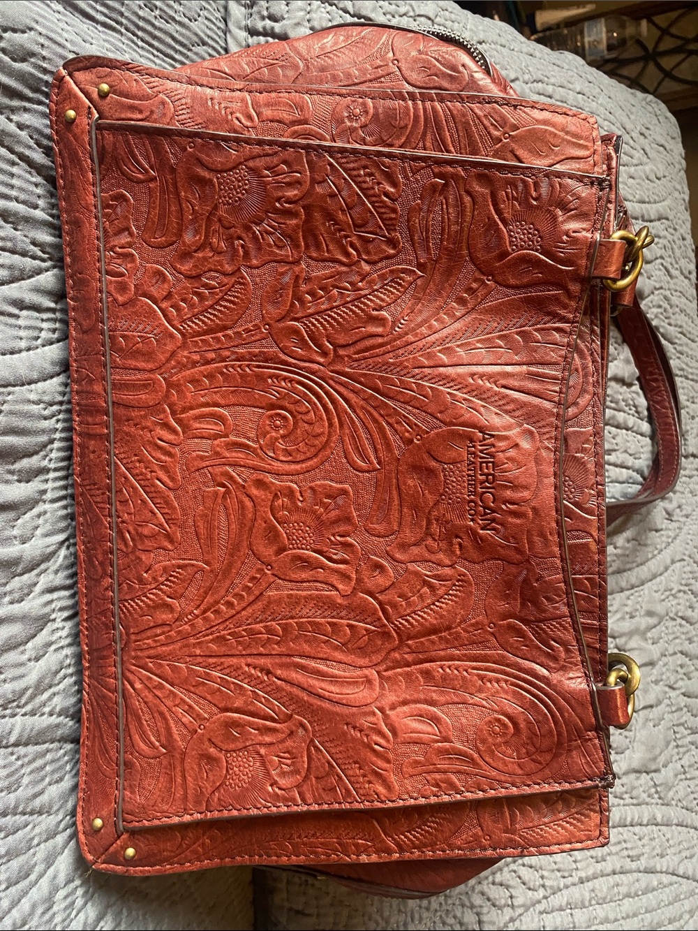 Embossed Floral Leather Shoulder Bag in Burnt Orange by American West